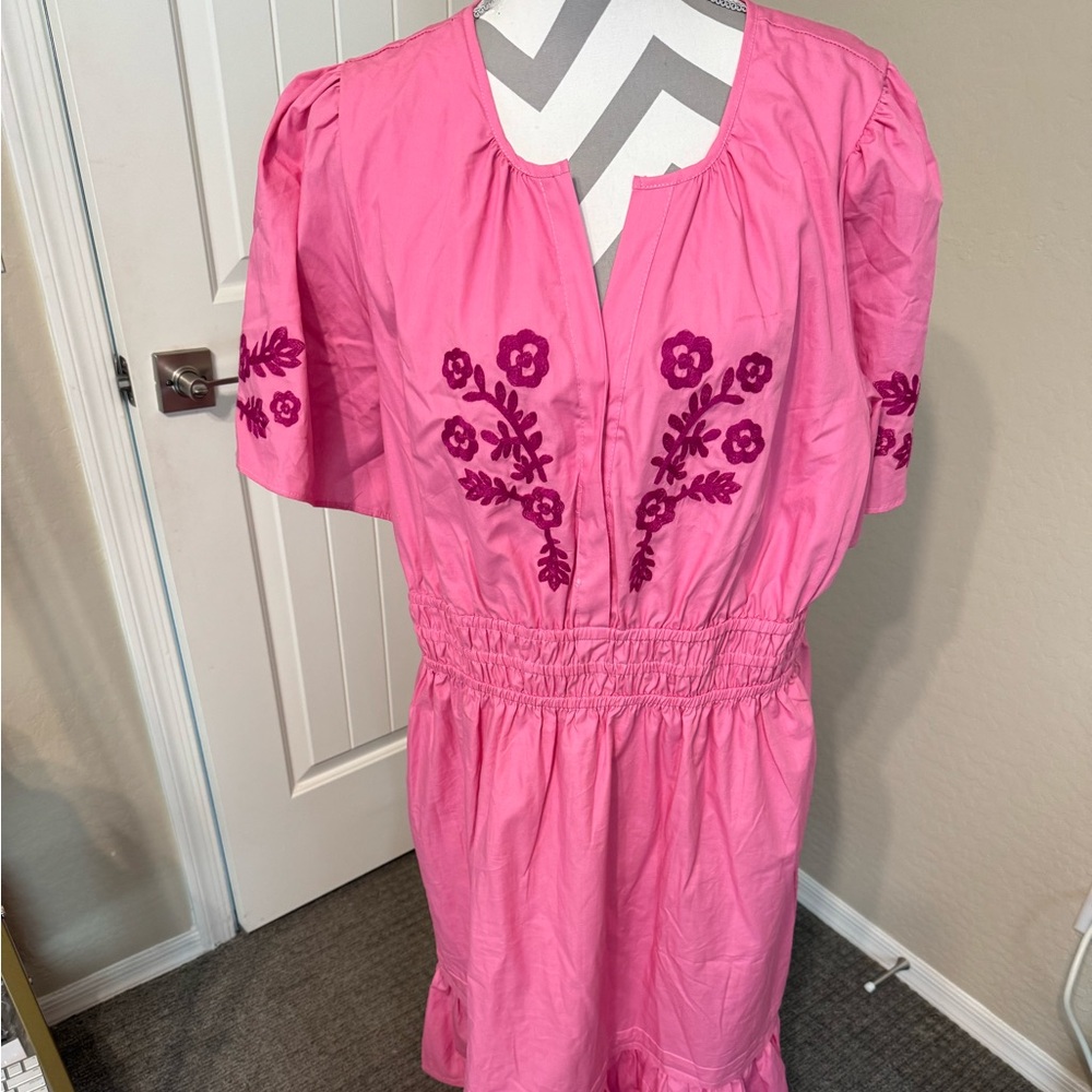 Pink Dress with dark pink Floral Embroidery